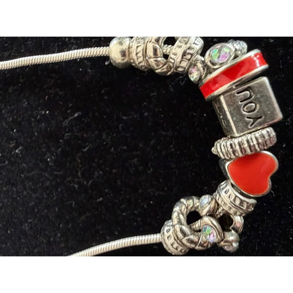 Snake Charm Necklace Silver‎ Tone Red Love You Heart Enamel Women Rhinestone